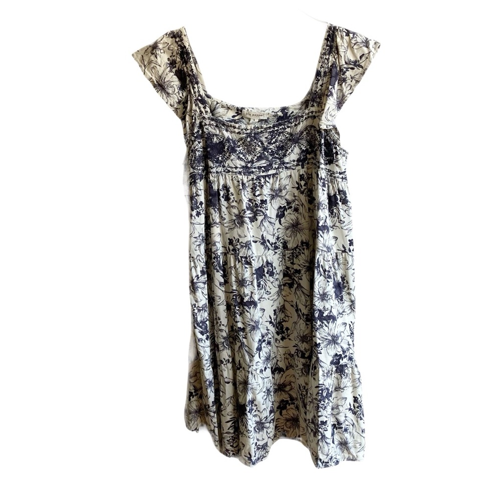 Blu Pepper Linen Mini Dress Size S Blue White Floral Flutter Sleeve Boho Summer